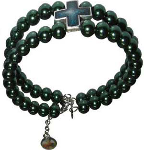 Bracelet Dark Green Beads With Cross